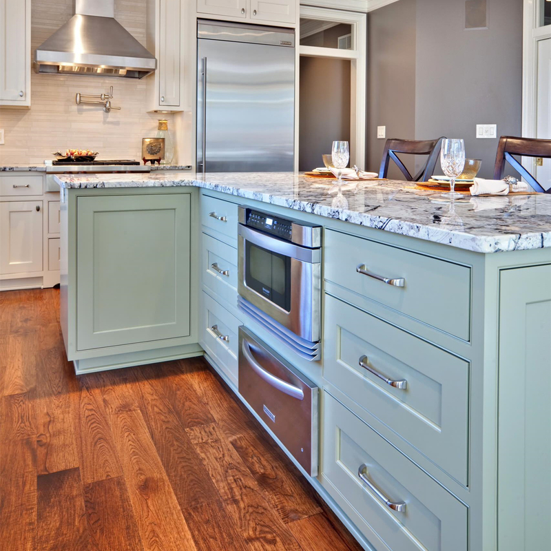 Έπιπλα βίλας RTA Solid Wood House Ντουλάπα κουζίνας σε στυλ λευκό και πράσινο σέικερ με πάγκο