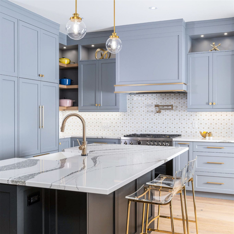 Προσαρμοσμένο πλήρες Shaker Villa Design Γκρίζο Μπλε Στερεό ξύλο Στερεό κουζίνα ντουλάπι ξύλινο ντουλάπι Made in China